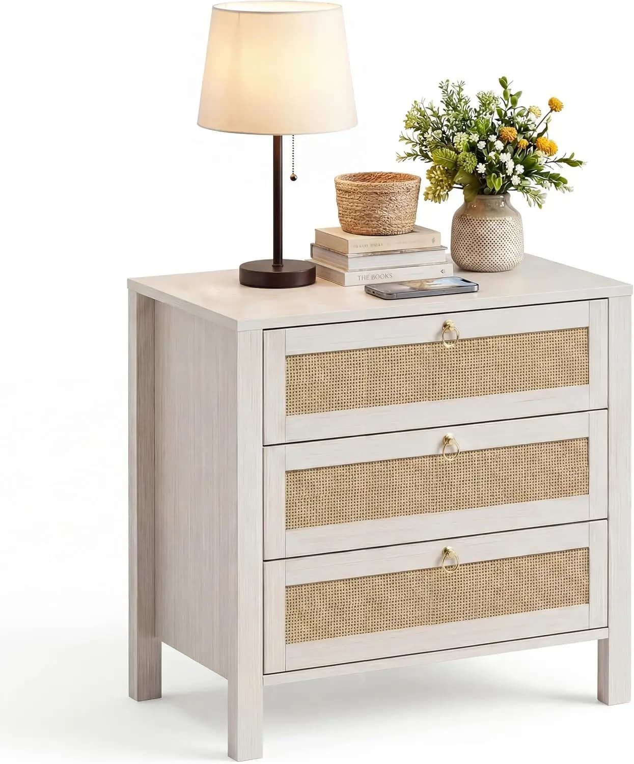 Comodino Bianco, Tavolino da Notte in Rattan con Maniglia Dorata, Comodino a 3 Cassetti, Grande Tavolino Laterale in Vimini, Comodino in Legno Stile Boho