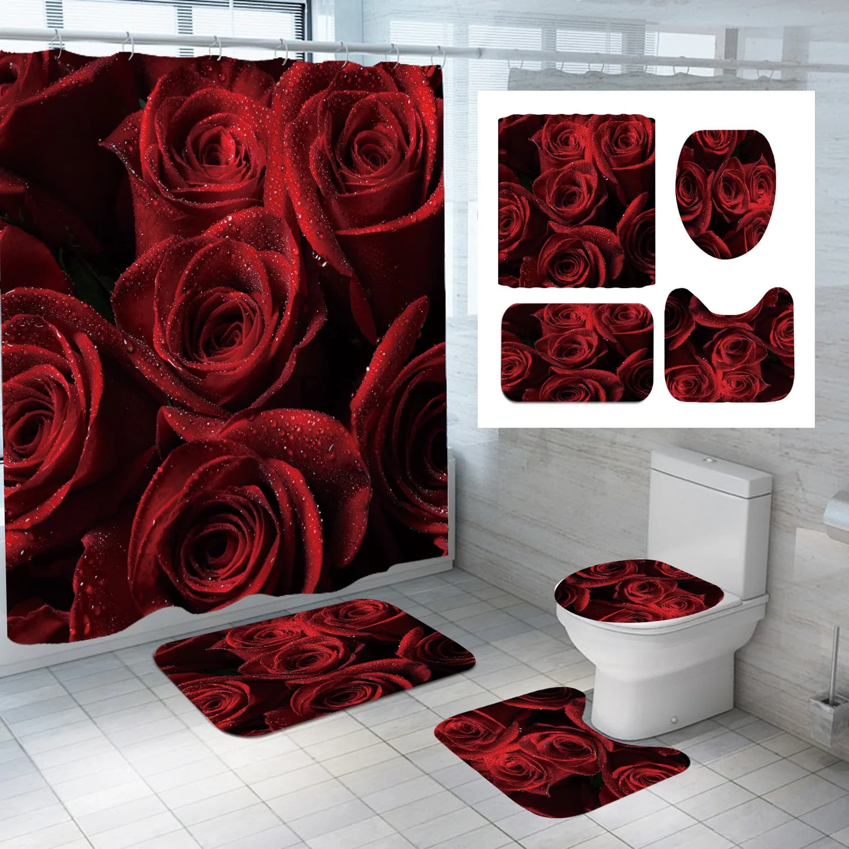 1 set tenda da doccia impermeabile romantico San Valentino cuore rosa set tenda da bagno doccia con 12 ganci in plastica