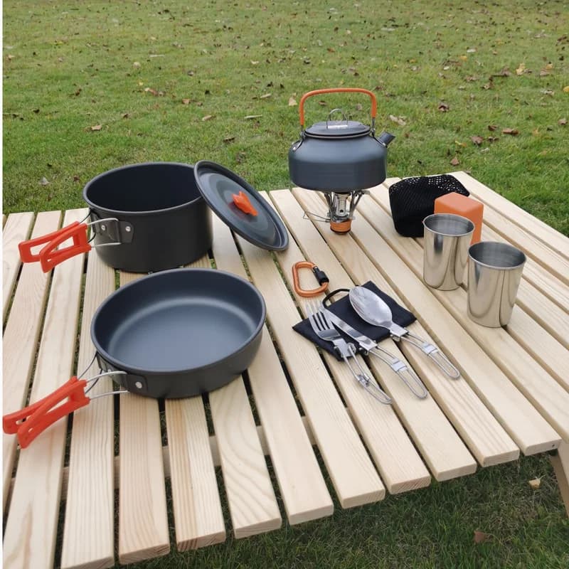 Set di pentole da campeggio all'aperto Bollitore e teiera in lega di alluminio ossidato duro da 0,8 litri con fornello a tazza per picnic Avventure all'aria aperta