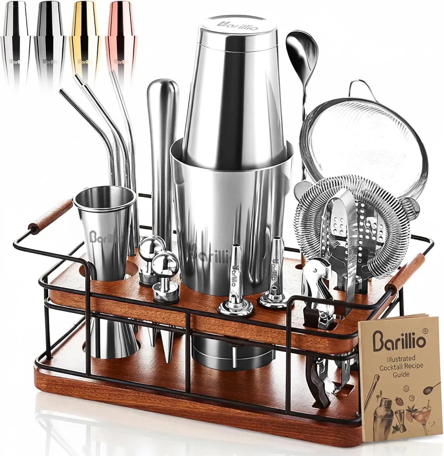 Set da Barman 23 Pezzi in Acciaio Inox con Supporto in Mogano Africano, Set Shaker per Cocktail per Bar Domestico, Pronto per Regalo