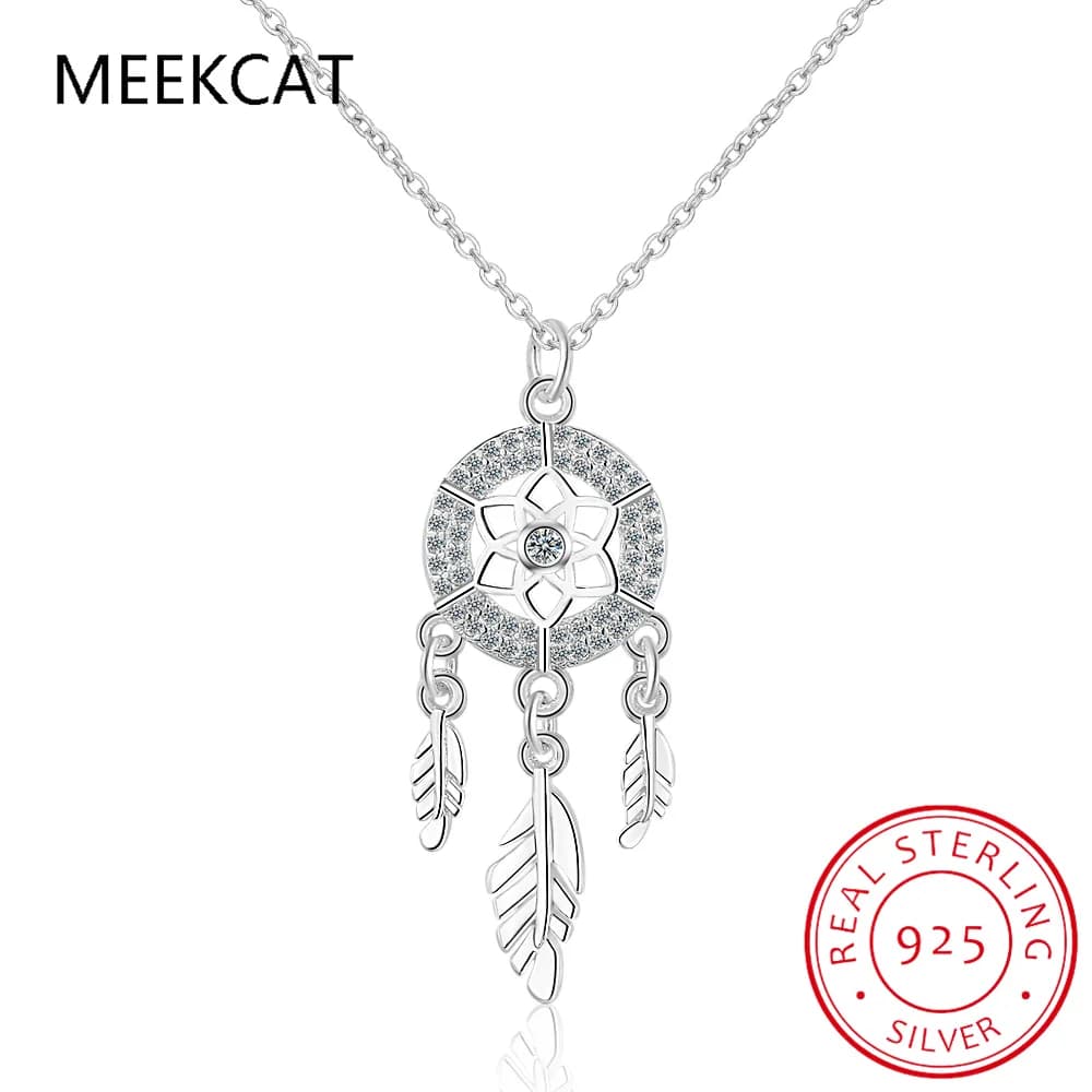 Luxury 925 Sterling Silver Dreamcatcher Feather Pendant Necklace For Women Wedding Party Jewelry Gift Collar Colar de Prata