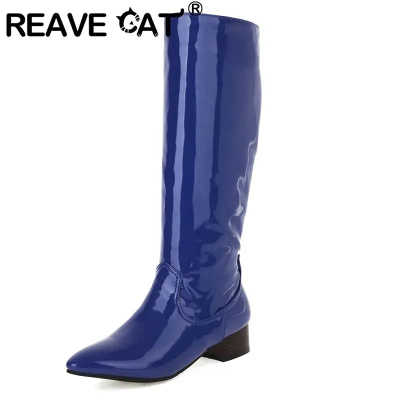 REAVE CAT Casual 2026 Luxury Shiny Women Knee High Boots Pointed Toe 3.5cm Mid Heels Slip On Sexy Dating Bota Big Size 41 42 43