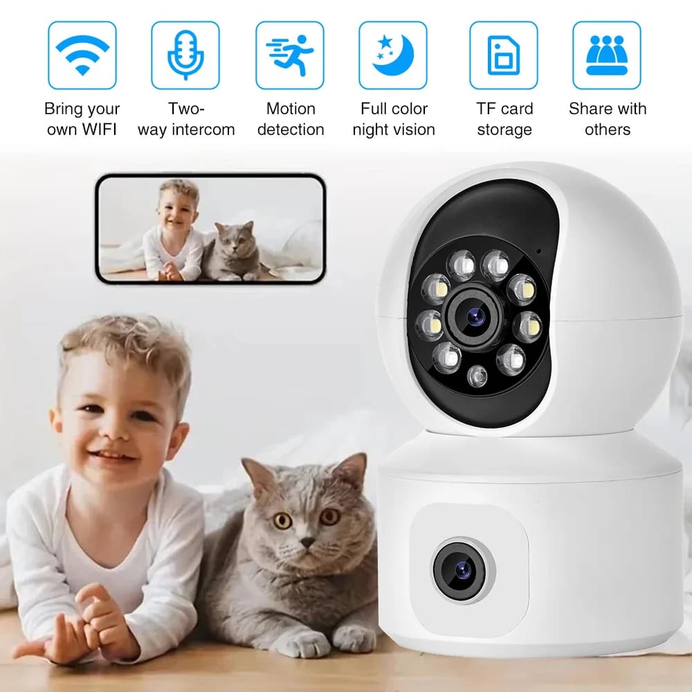 Telecamera IP WiFi da 2 MP Doppia lente Doppio schermo Baby Monitor Telecamera di sicurezza domestica PTZ Monitoraggio automatico Video sorveglianza CCTV