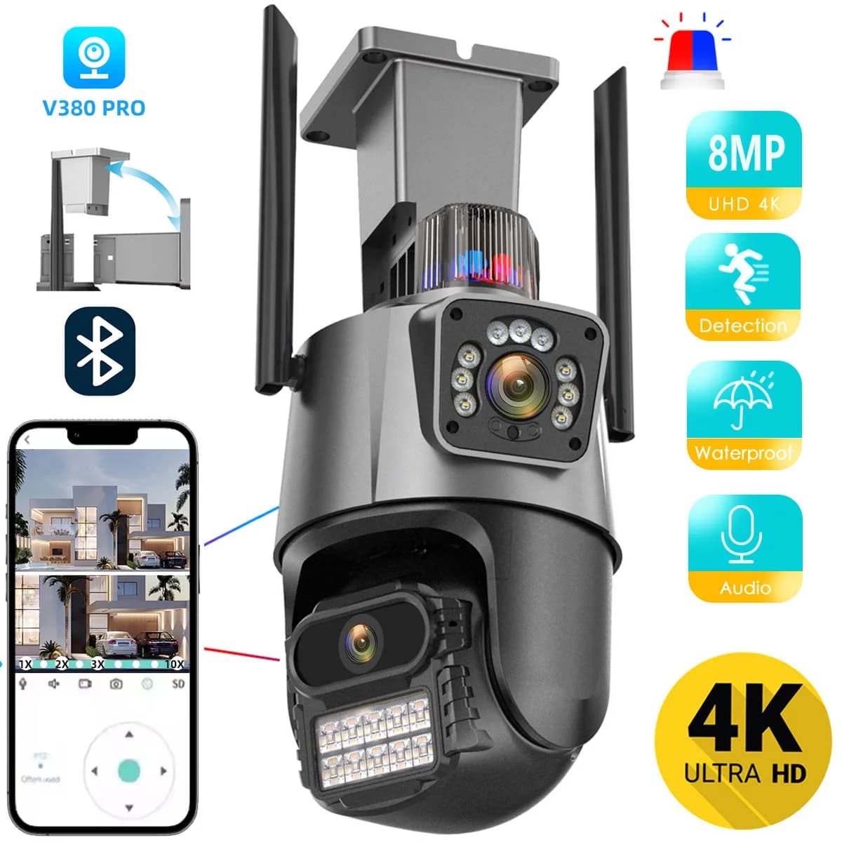 V380 Telecamera PTZ Wifi esterna 4K 8MP HD Doppia lente Telecamera a doppio schermo AI Tracciamento automatico Video sorveglianza 4MP Allarme luce della polizia