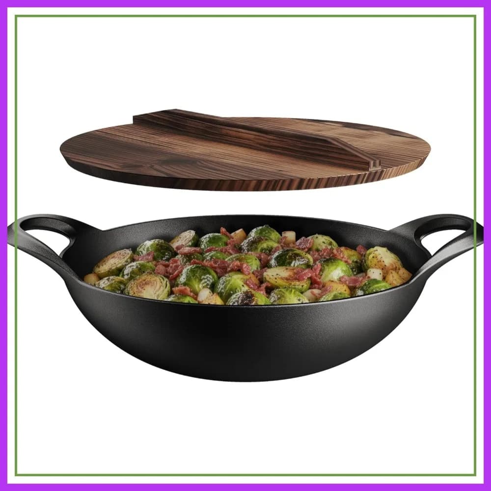 Wok in ghisa pretrattata da 14 pollici con coperchio in legno, padella per stir-fry a fondo piatto resistente per tutti i piani cottura, 8,8 libbre