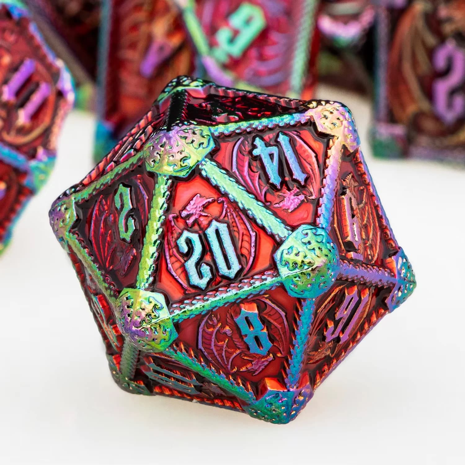 Set di Dadi D20 DND Colorati Rossi in Metallo, Dadi Poliedrici D&D per Giochi di Ruolo Dungeons and Dragons, Set da 7 Pezzi