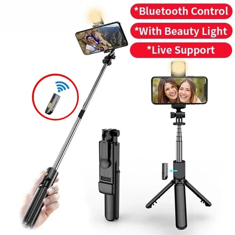 Treppiede per selfie wireless con luce e telecomando Bluetooth, supporto estensibile per telefono e live streaming