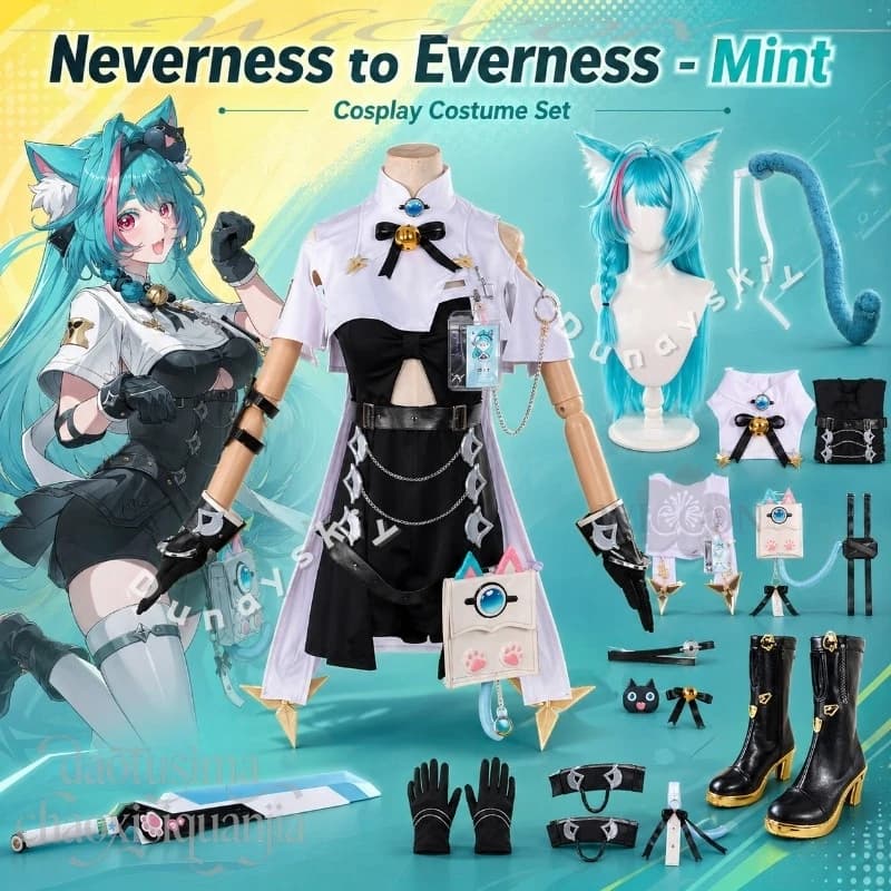 Set Completo Cosplay Anime Game Neverness To Everness: Vestito Sexy Kawaii Verde Menta, Orecchie Pelose, Coda, Parrucche, Scarpe, Accessori 3D in Acido Polilattico