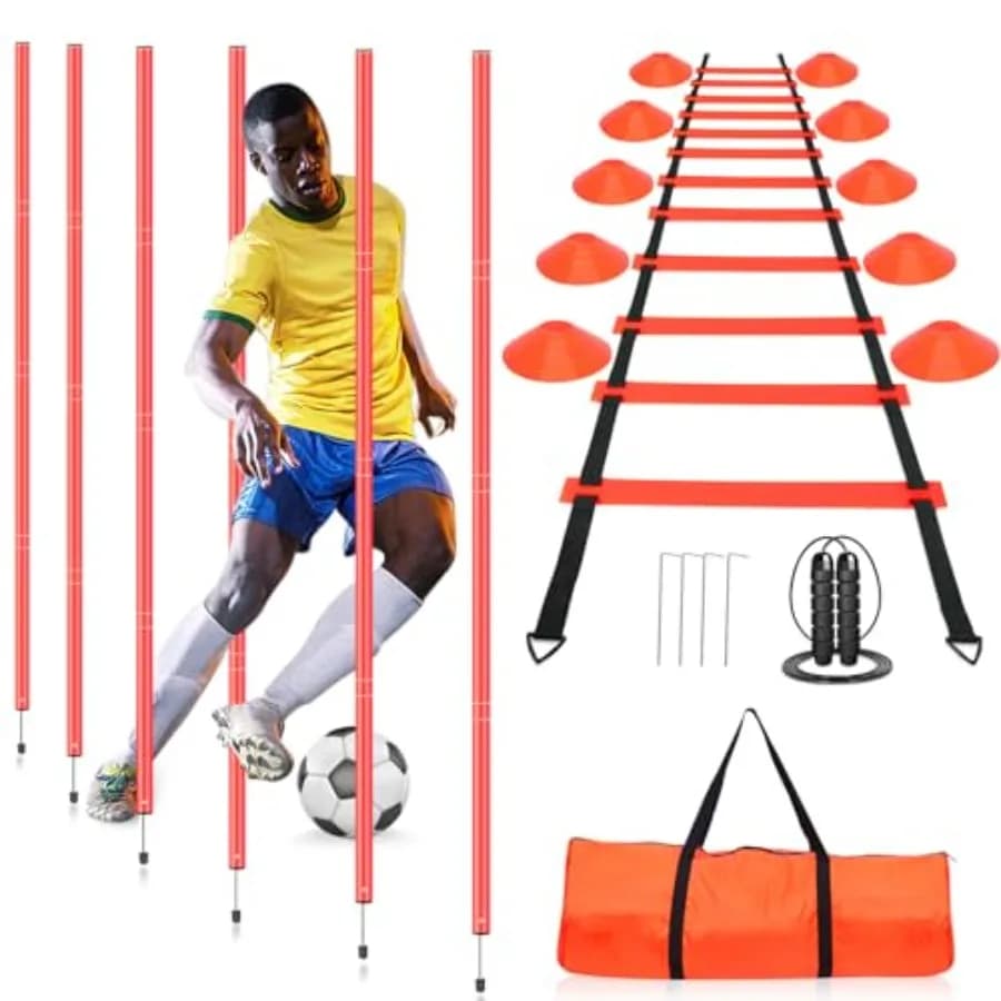 Attrezzatura per Allenamento di Agilità, Include 6 Pali, Scala di Agilità, 10 Coni da Calcio, Corda per Saltare