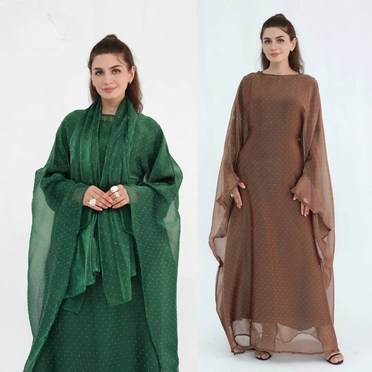 Commercio all'ingrosso Dubai Abaya Custom Party Luxury Shiny Dress Eid Elegante abito da donna musulmana Organza Cape Abaya 3 pezzi con set di sciarpe