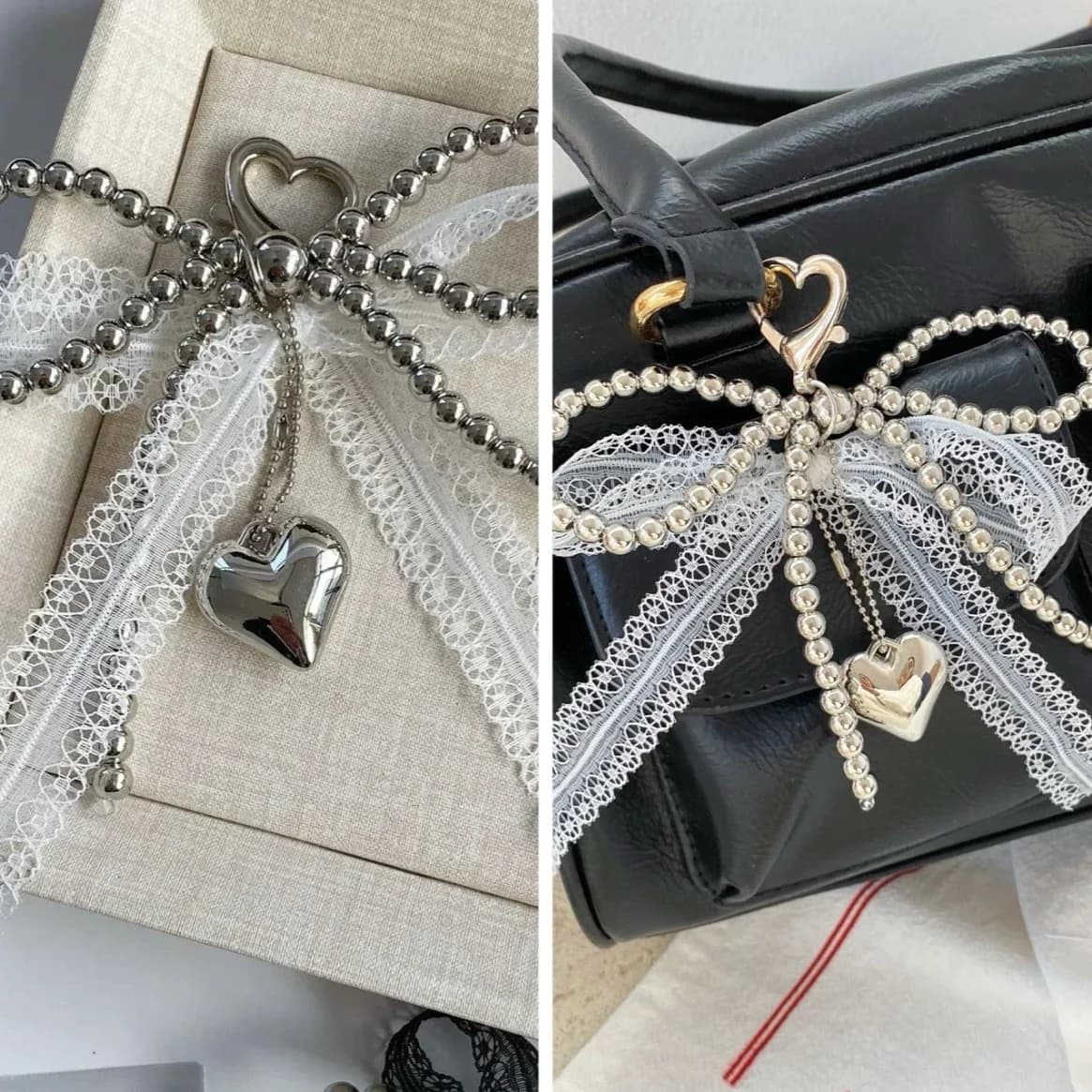 Portachiavi con Fiocco in Pizzo e Perle Finte, Ciondolo Dolce con Perline per Borsa e Zaino da Donna, Ornamento Raffinato