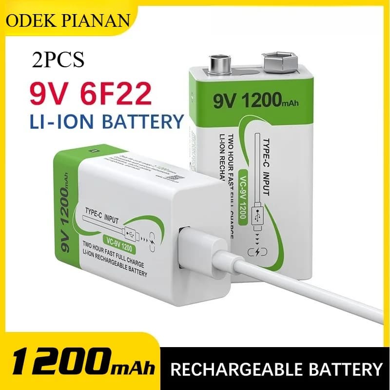 Batteria ricaricabile agli ioni di litio quadrata da 2 pezzi 9V 1200mAh con ingresso di tipo C per multimetro/microfono/rilevatore di fumo Design leggero