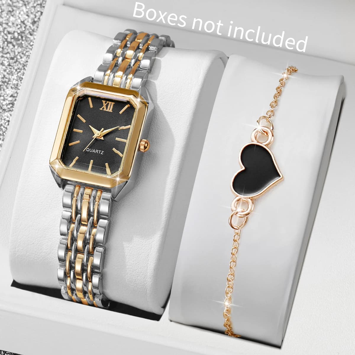 Set of 2 Fashionable Women's Watches with Rectangular Dial and Roman Numerals, Heart Bracelet, Golden Quartz Watch (Without Box)