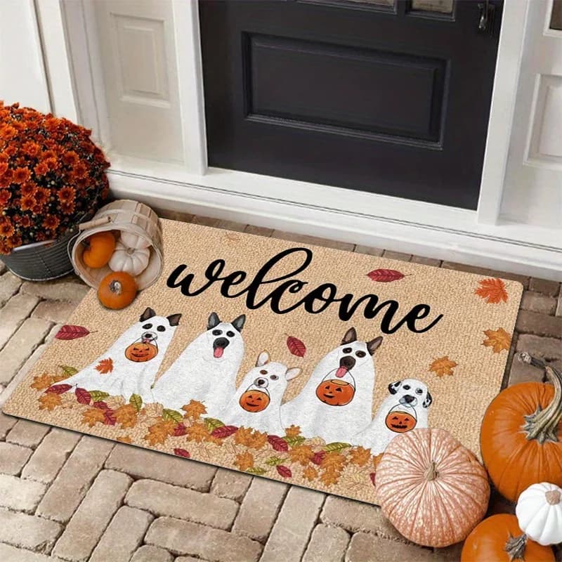 Tappeto/Stampo per Porta con Stampa di Cani Fantasma di Halloween e Zucche, Tappetino per Ingresso, Veranda, Decorazione Autunnale per la Casa