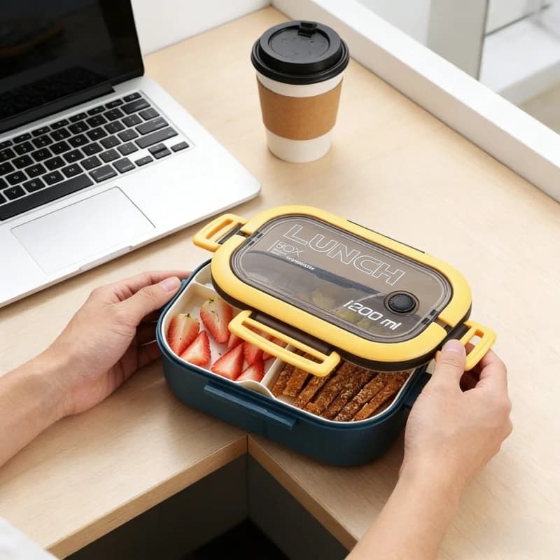 Contenitore per Pranzo a Uno o Due Livelli, Portatile con Scomparti, Adatto al Microonde, con Forchetta e Cucchiaio, per Picnic e Pasti Freschi