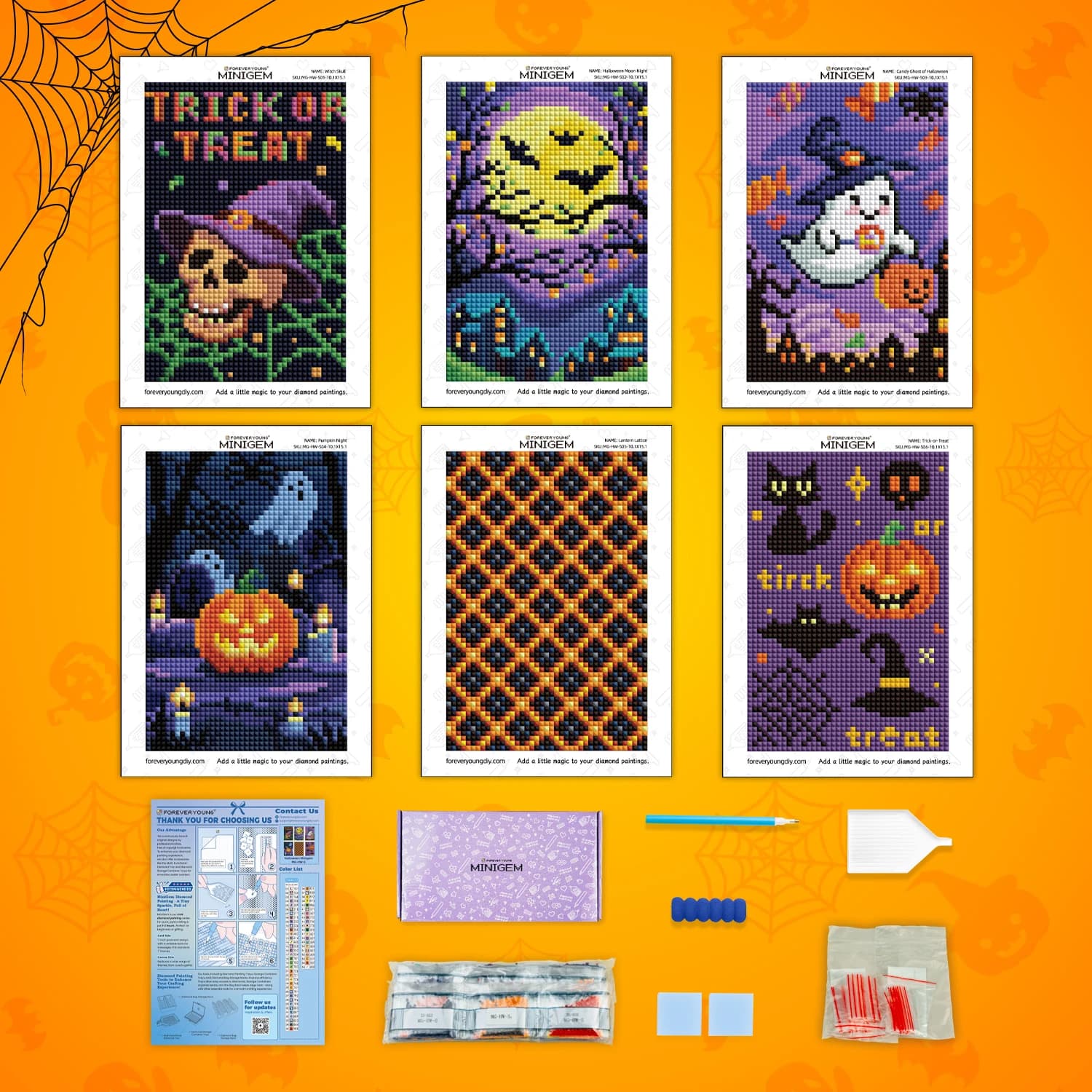 Kit di pittura con diamanti di Halloween - 6 pezzi carino set di diamanti a tema Halloween da 7 pollici con diamanti in polvere di zucchero per la decorazione domestica