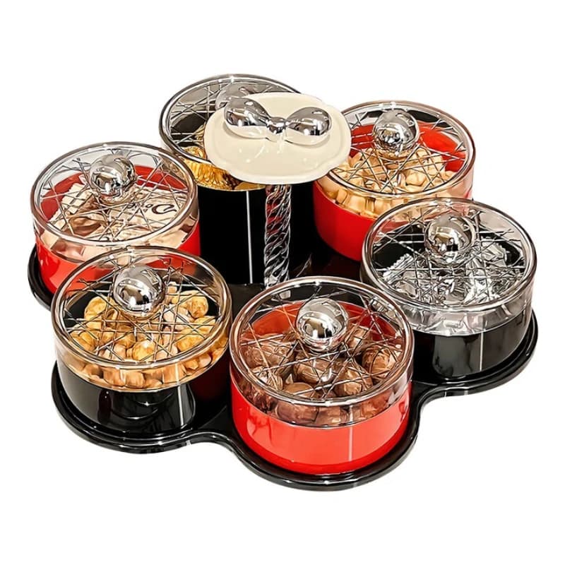 Scatola per snack girevole di lusso leggera, piatto di frutta secca con griglia e coperchio, piatto di frutta per la casa, tavolino creativo da soggiorno