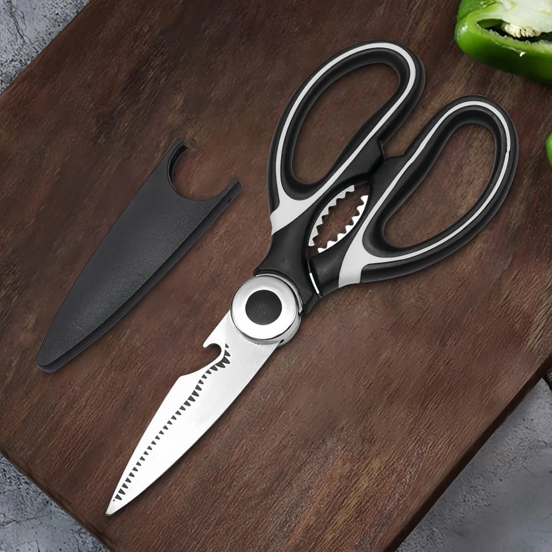 Forbici da cucina Panda in acciaio inossidabile da 2,5 mm di spessore con custodia, in grado di aprire il tappo della bottiglia, forbici da cucina Walnut