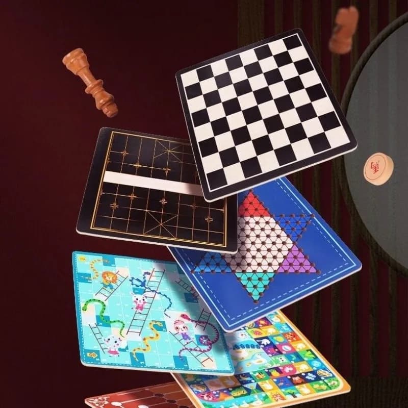 Tabellone multifunzionale per bambini, gioco che include scacchi volanti, scacchi, dama e backgammon in un unico gioco