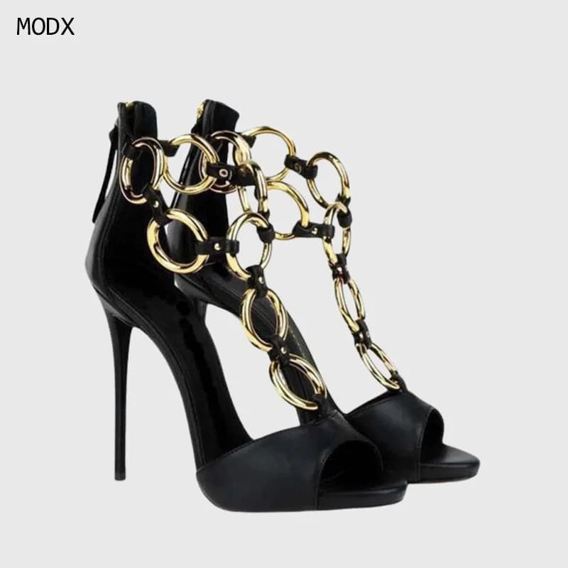 Women Black Leather Gold Chain Link Peep Toe Stiletto Heel Sandals, Open Back Zipper High Heels Luxury Designer Style Heels