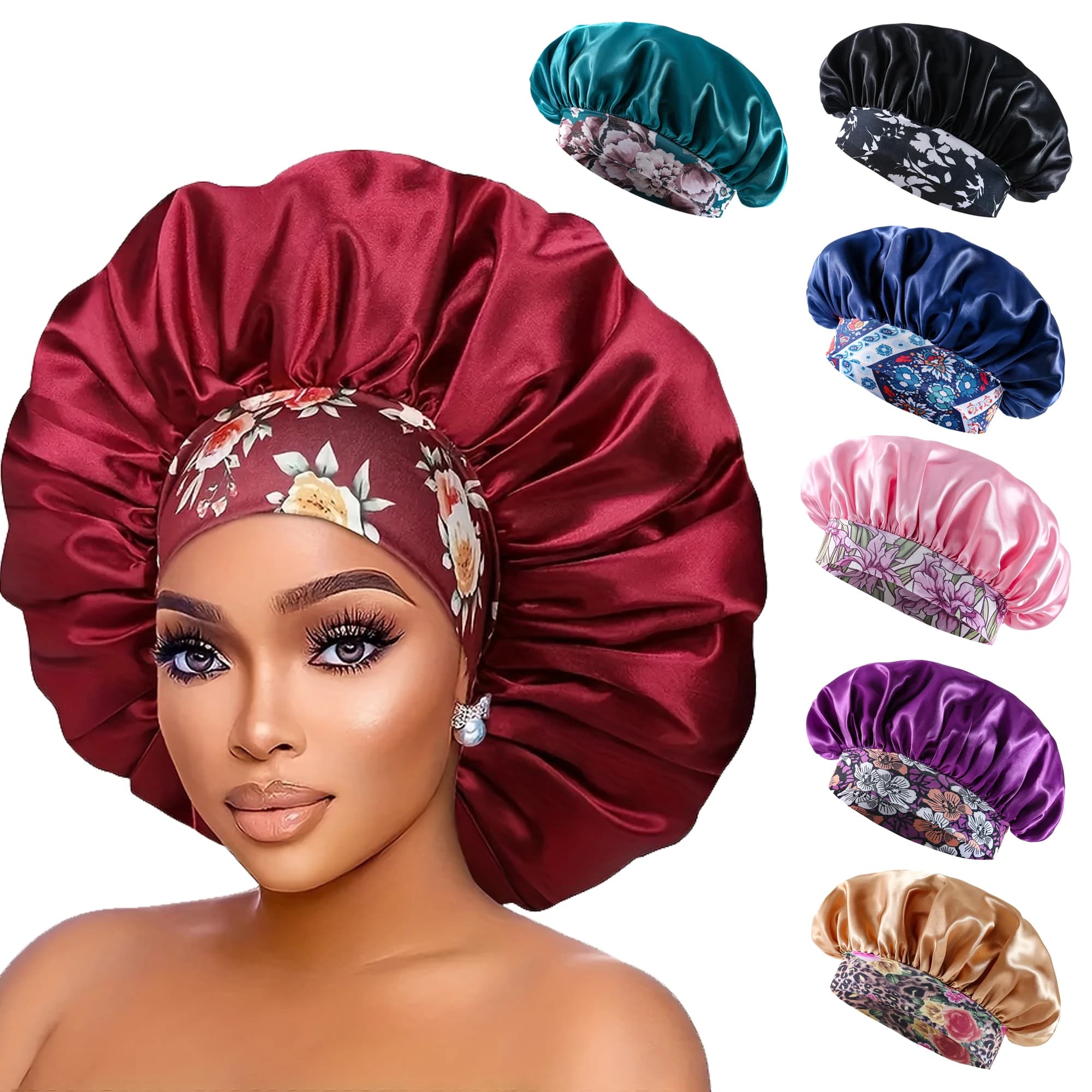 Cappello per capelli stampato a fiori con cofano alla moda da donna con bordo ampio in raso liscio di seta elastica per il cappello da sonno quotidiano a casa