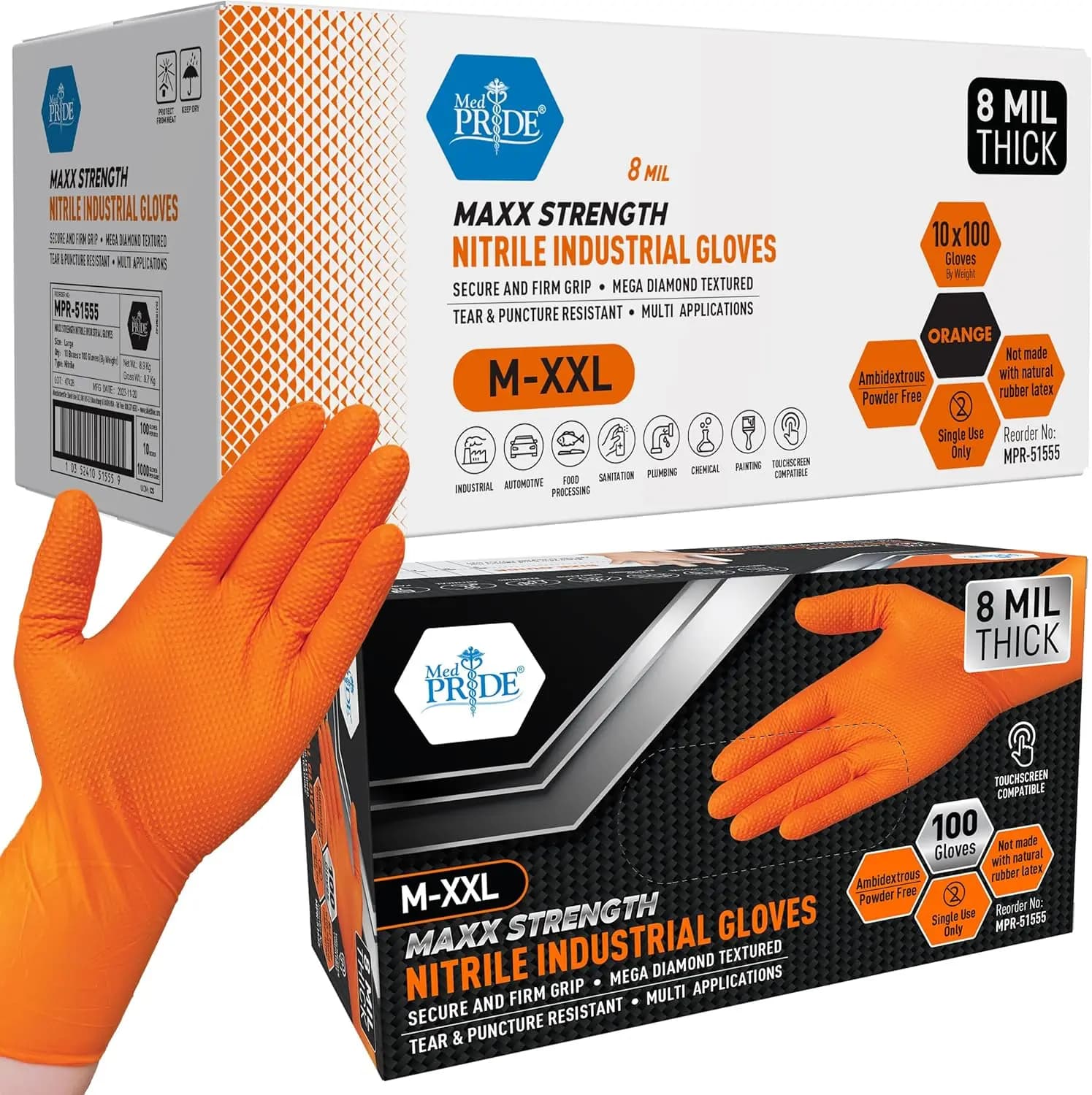 Guanti Industriali in Nitrile Maxx Strength Arancioni, Spessore 8 Mil, Texture a Diamante, Resistenti agli Strappi per Pulizie e Settore Automobilistico