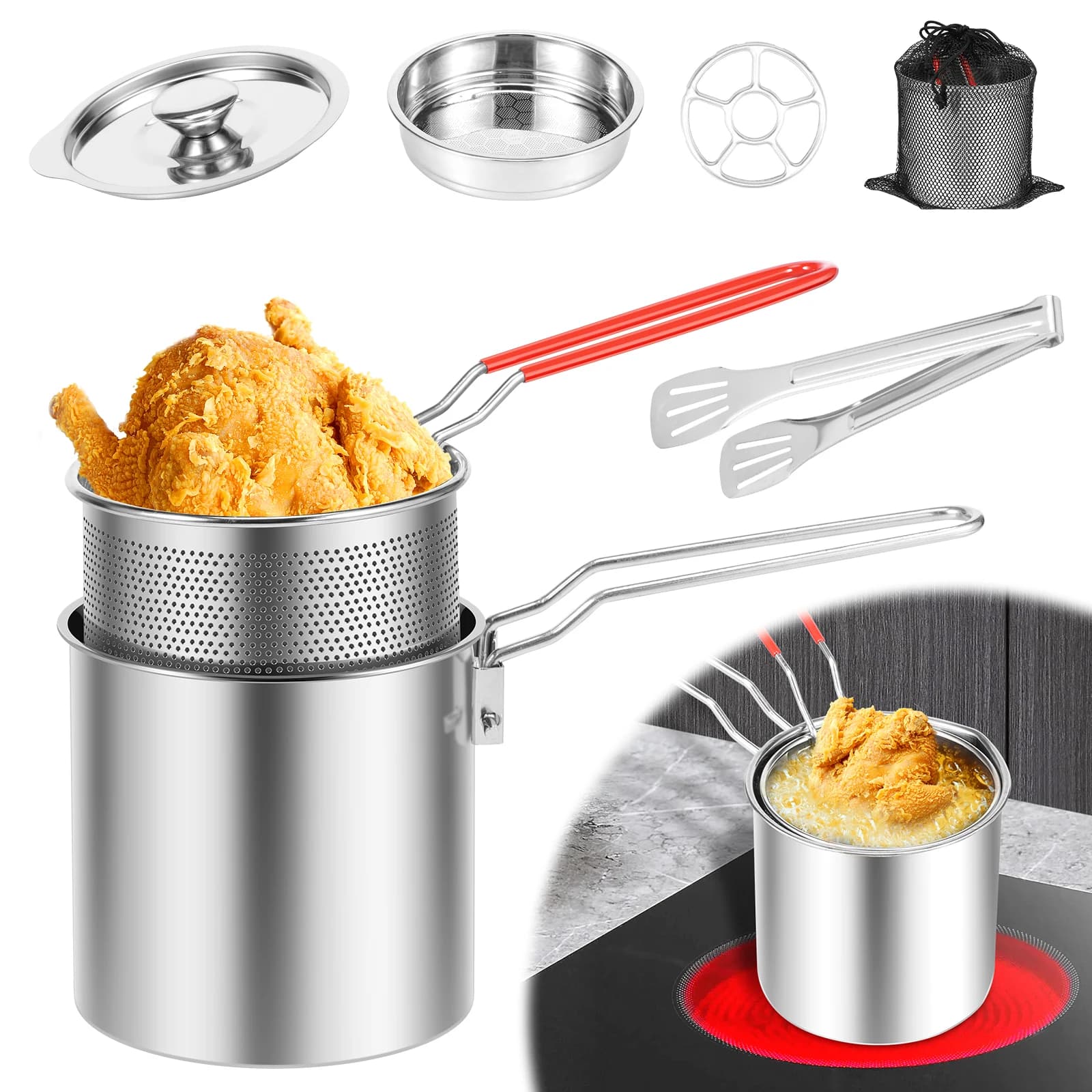 Stainless Steel Frying Pots Portable Kitchen Oil Frying Machine Pens with Basket Handle and Cooking Covers