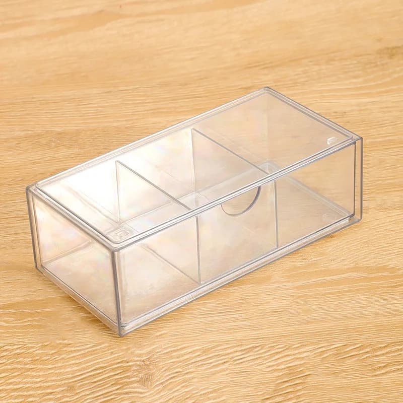Pull-out mirror cabinet organizer with removable dividers, transparent sliding drawer & stackable structure. Suitable for bathroom, desk, counter, cabinet and office, great for cosmetics, makeup and stationery
