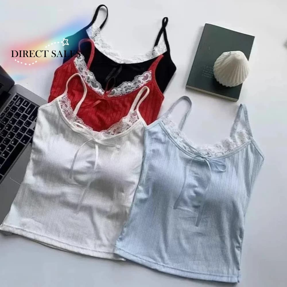 Top Corto Senza Maniche in Pizzo con Fascia in Vita, Tinta Unita, Stile Y2K, con Imbottitura, per Ragazze, Estivo