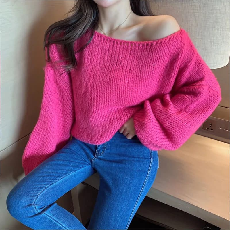 Pullover maglione con spalle scoperte alla moda coreana per donna Maglioni eleganti lavorati a maglia con colletto obliquo Maglioni larghi con maniche a lanterna selvaggia