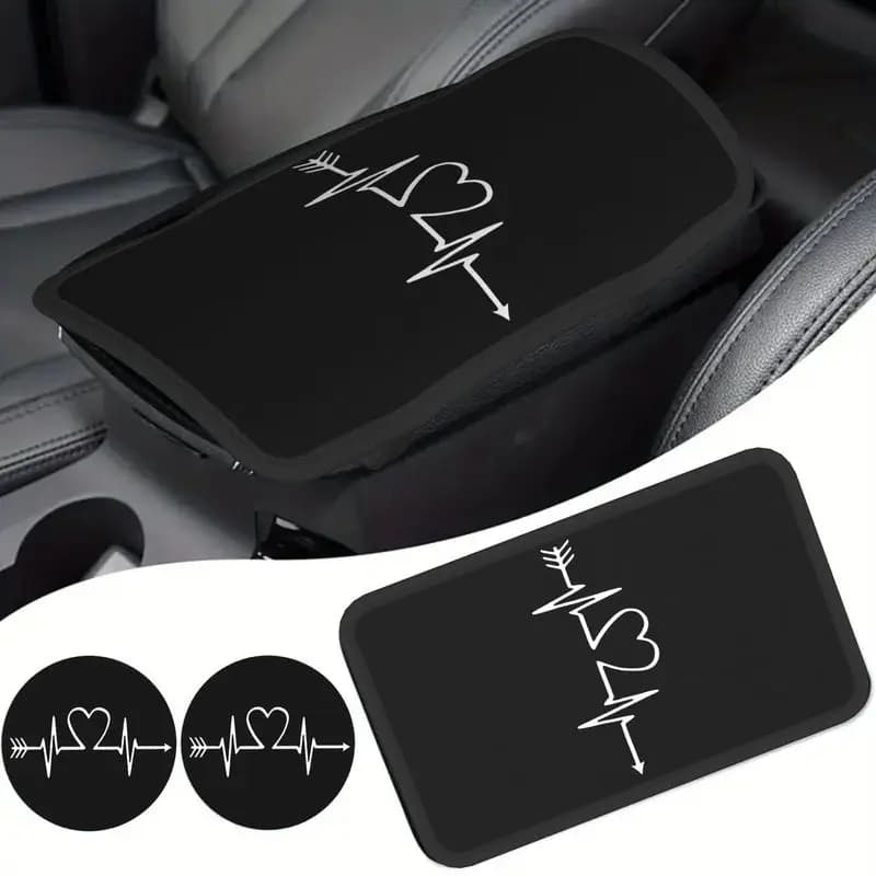 1Pc Car Armrest Cover + 2Pcs Cup Coasters, Heartbeat Arrow Print Car Interior Decor