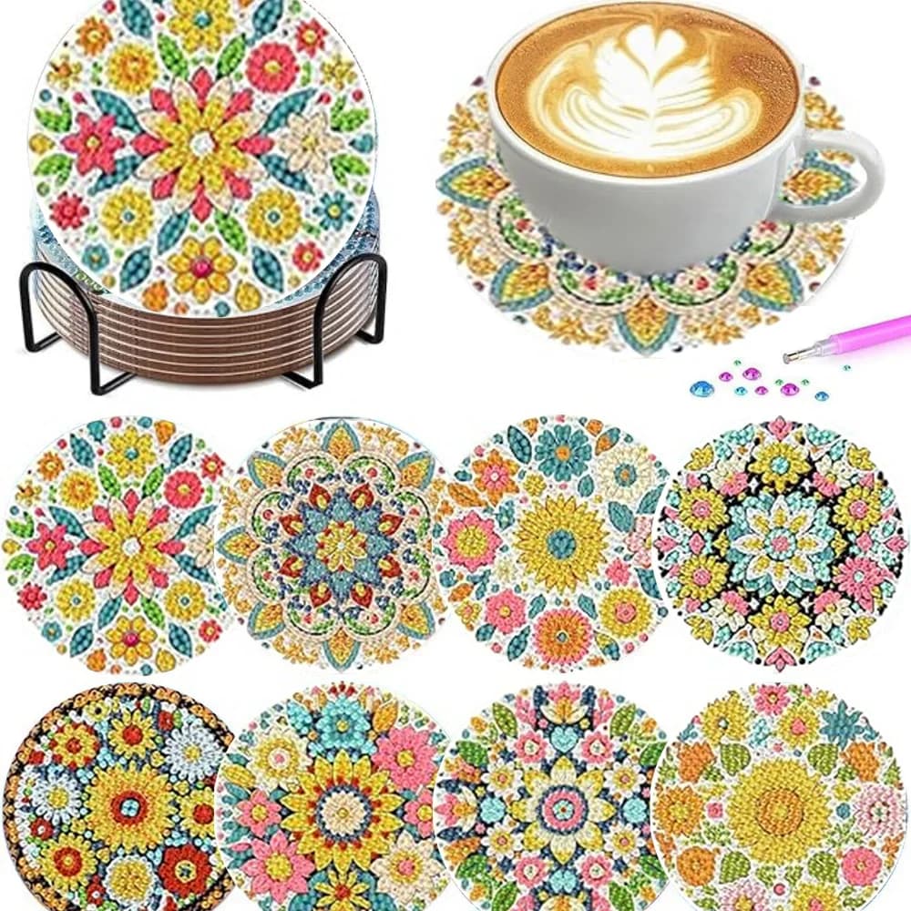 8-piece set/Diamond painting coaster set, flower wreath patterned coaster (with base) - Home DIY handmade art set