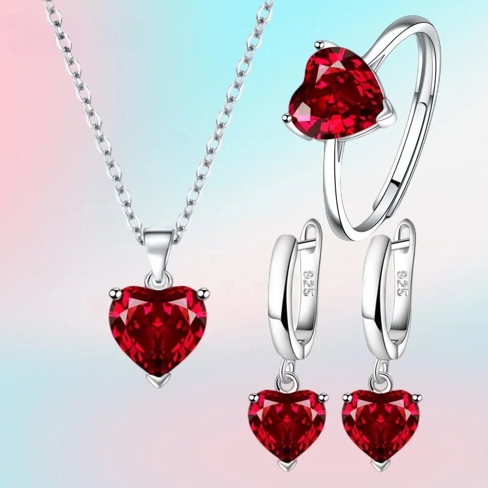 Set regalo di gioielli in argento sterling 925 pregiati per le donne Anello con collana pendente con orecchini Huggie con zirconi a forma di cuore romantico femminile