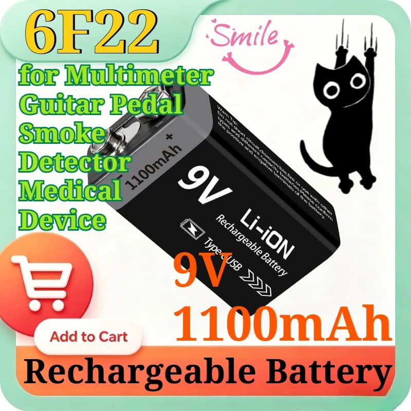 Batteria al Litio Ricaricabile 9V 1100mAh con Porta di Ricarica USB Type-C per Multimetro, Pedale per Chitarra, Rilevatore di Fumo, Dispositivo Medico