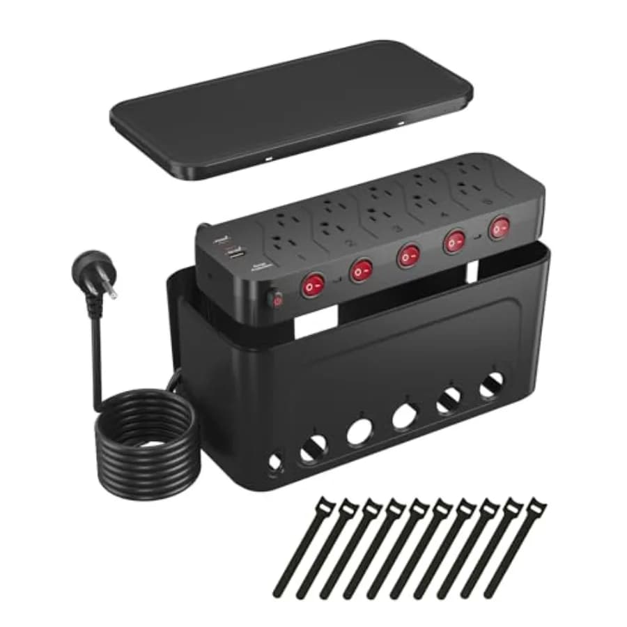 Multipresa con Scatola di Gestione Cavi, Protezione da Sovratensione, 10 Prese AC e 3 USB, Cavo di Prolunga Piatto da 1,8 m, Nasconditore Prese, Ricarica Rapida