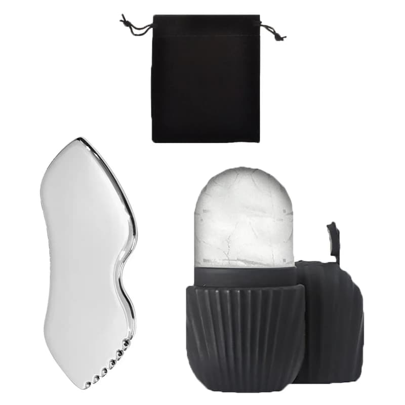 Brand new set of three pieces to scrape body and face in stainless steel with cloth bag, ice pack for face, scrape lips