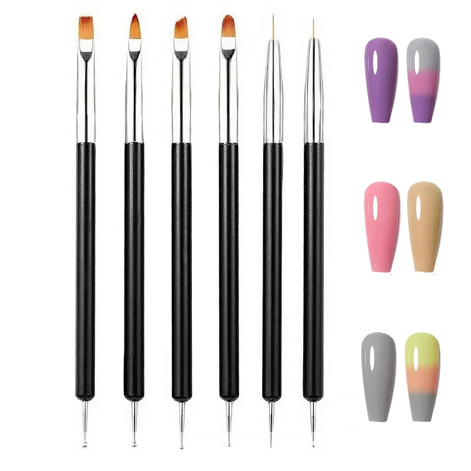 Kit di pennelli per nail art a doppia estremità da 6 pezzi: penne professionali per smalto gel, punteggiatura e dettagli | Manicure fai da te per salone e casa