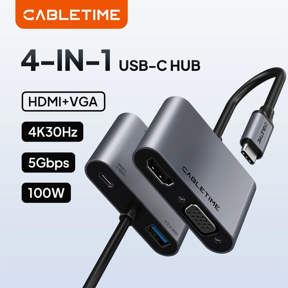 CABLETIME Hub USB C a VGA 4 IN 1, adattatore HDMI 4K, velocità di trasmissione 5 Gbps 4K a 30 Hz per monitor, MacBook Pro, Matebook X, Nintendo