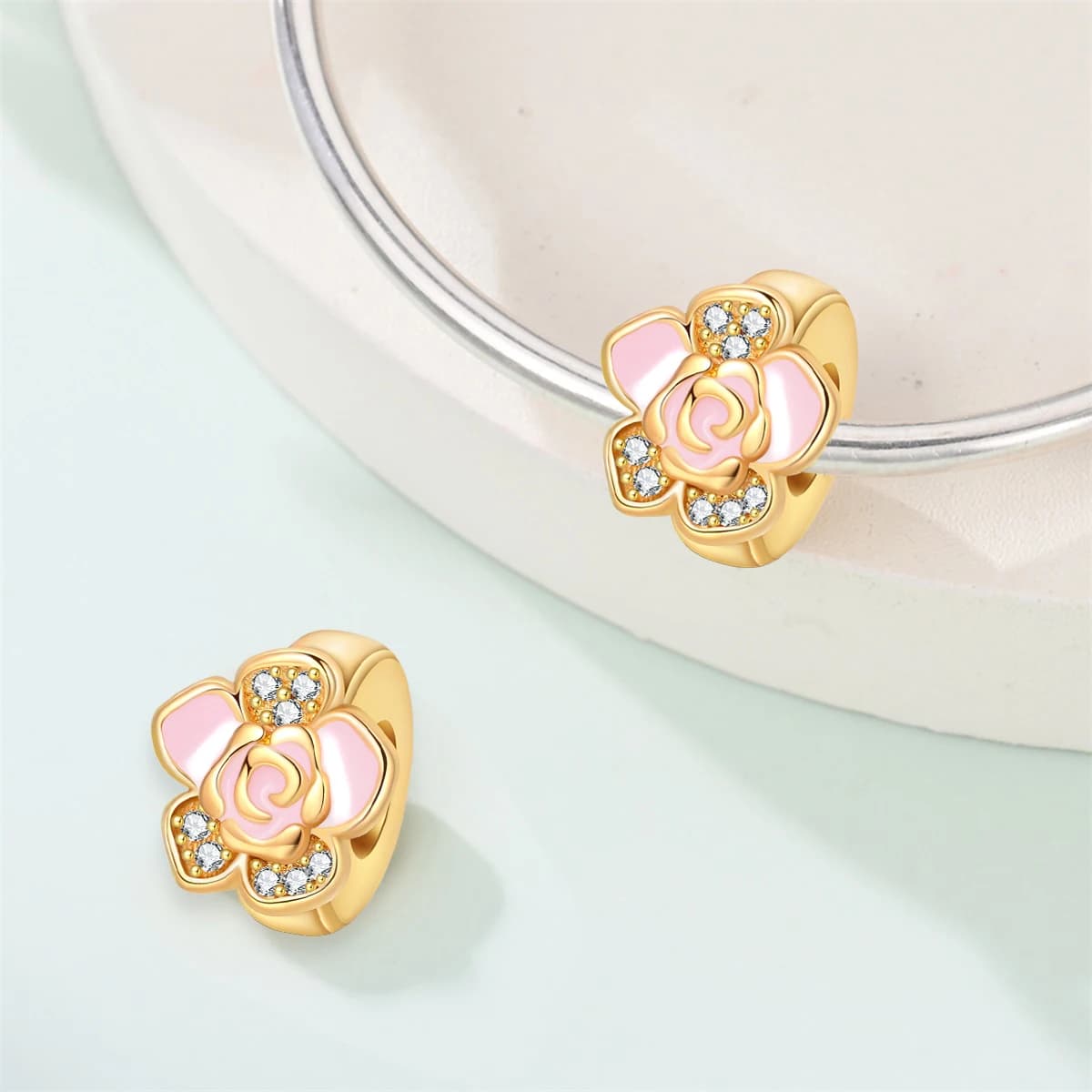 Charm Originale in Argento 925 con Perline Dorate e Fiori Rosa, Adatte per Bracciali, Creazione di Gioielli, Regalo per Feste, Accessorio Fai-da-Te