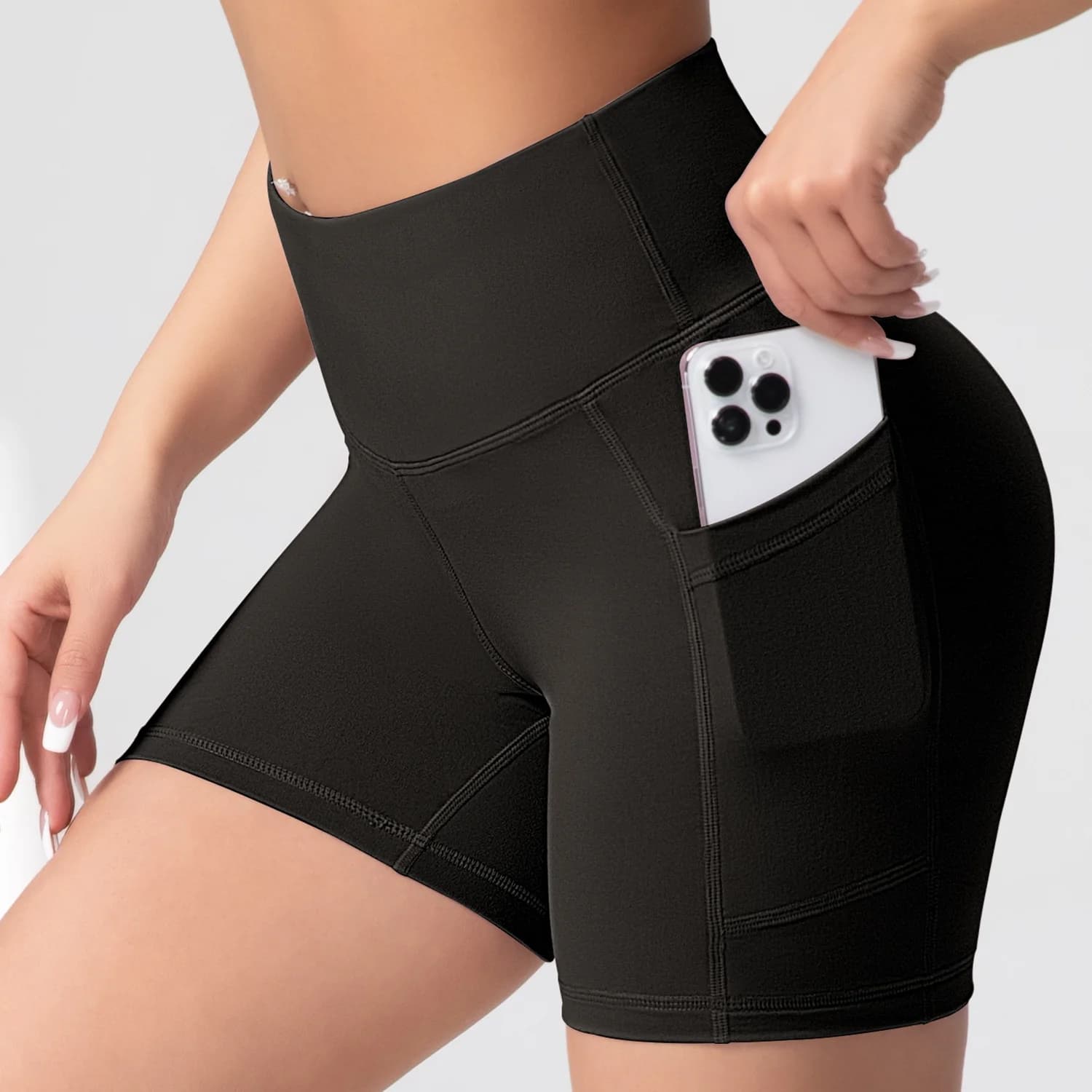 S-2XL Pantaloncini da yoga solidi da donna con 2 tasche Vita alta Sollevamento del sedere Calzamaglia sportiva da ciclismo Pantaloncini da allenamento elastici