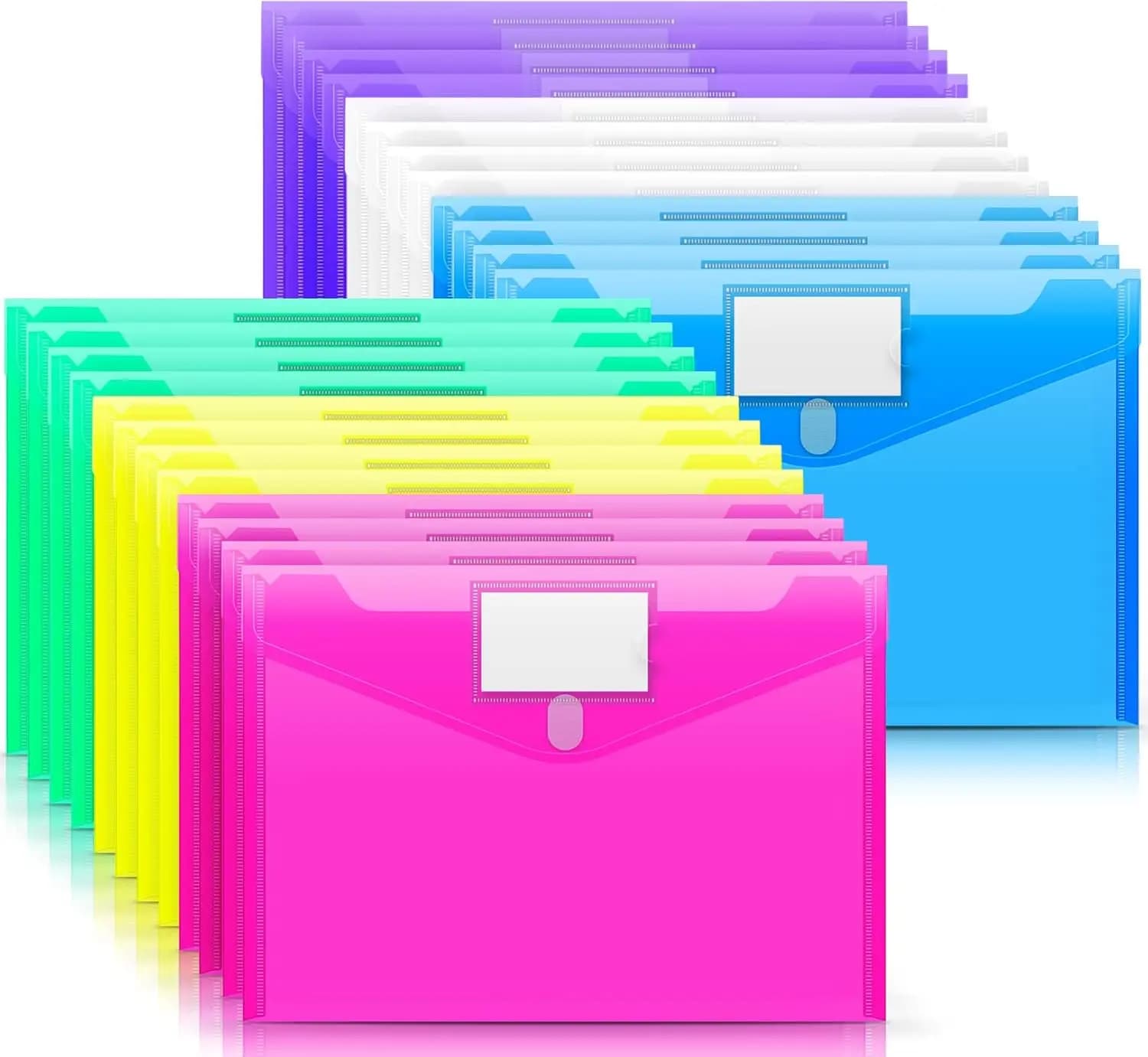 Confezione da 24 Buste Trasparenti in Polietilene, Cartelle Portadocumenti Formato A4 con Tasca per Etichette, Cartelle in Plastica Colorate per la Scuola
