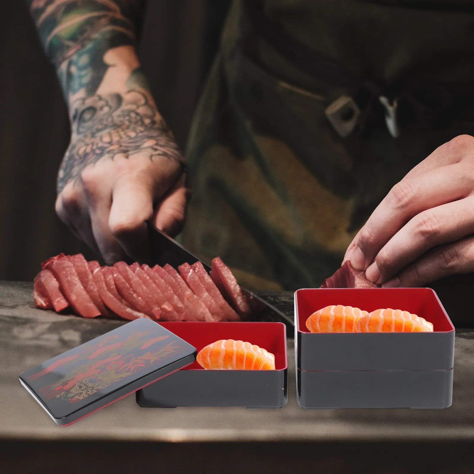Sushi Container Japanese Style Three Roads, Portable, for Picnic and Lunch, Multi-Level Box for Food Conservation