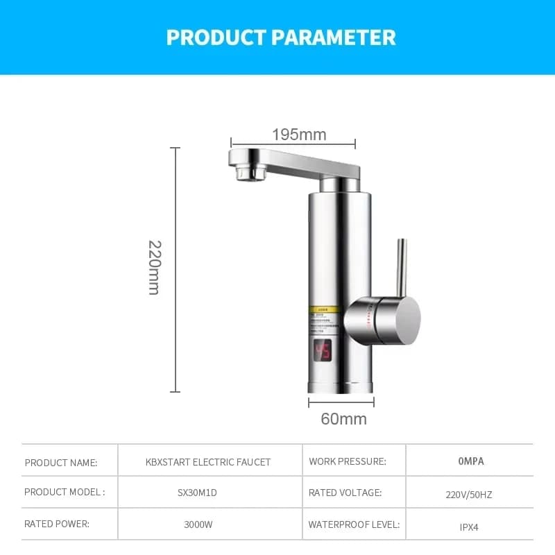Rubinetto Elettrico Scaldacqua Istantaneo Senza Serbatoio da 3000W con Display Temperatura, Miscelatore per Cucina e Doccia a Riscaldamento Continuo