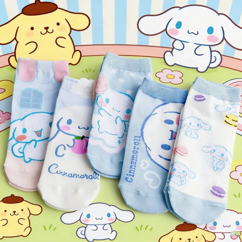 Sanrio 5 paia di calzini da donna primaverili/estivi, dolci e carini, con motivo a cartoni animati, versatili, comodi, traspiranti, a tubo dritto