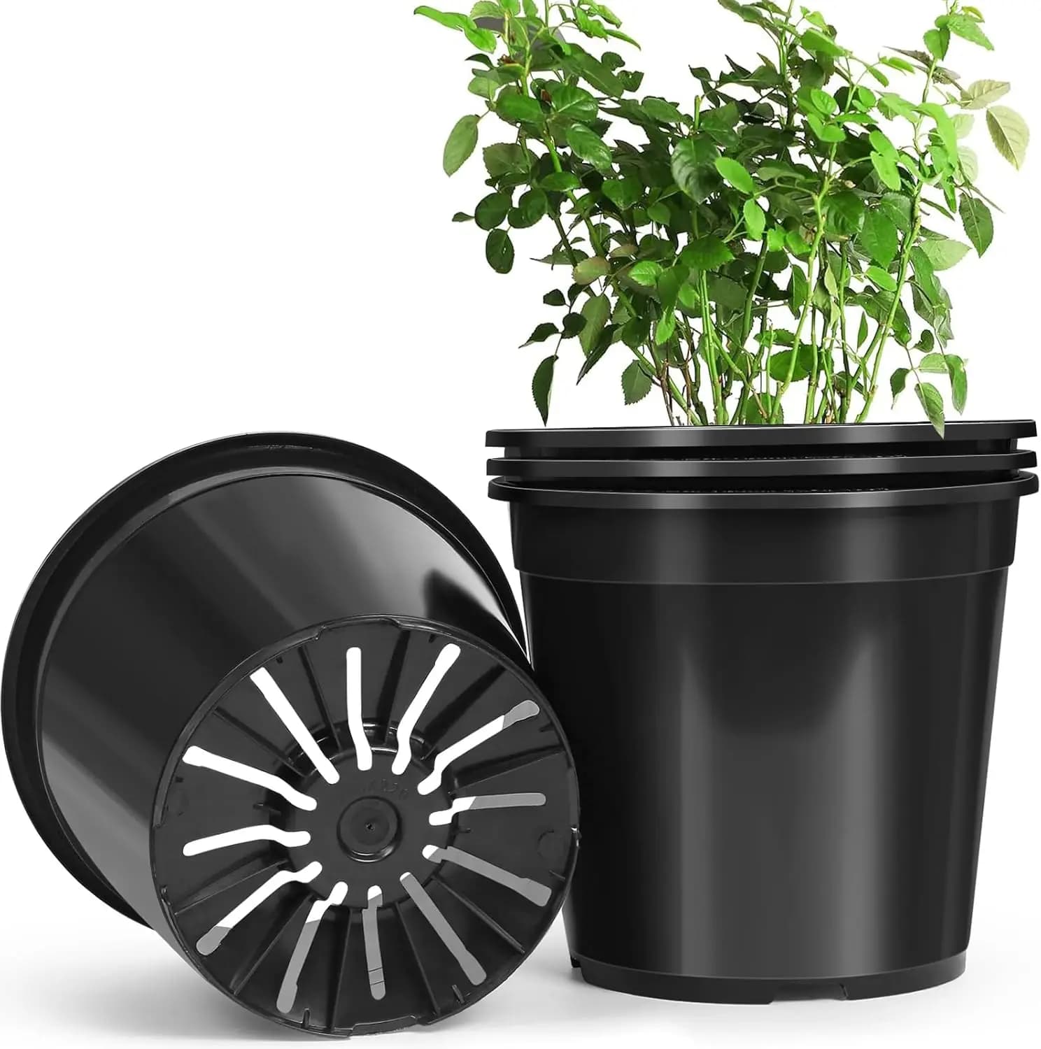 Pack of 4 7 Gallon vases with drainage holes, sturdy plastic nursery vessels for garden flowers, oily plants, for indoors and outdoors (black)