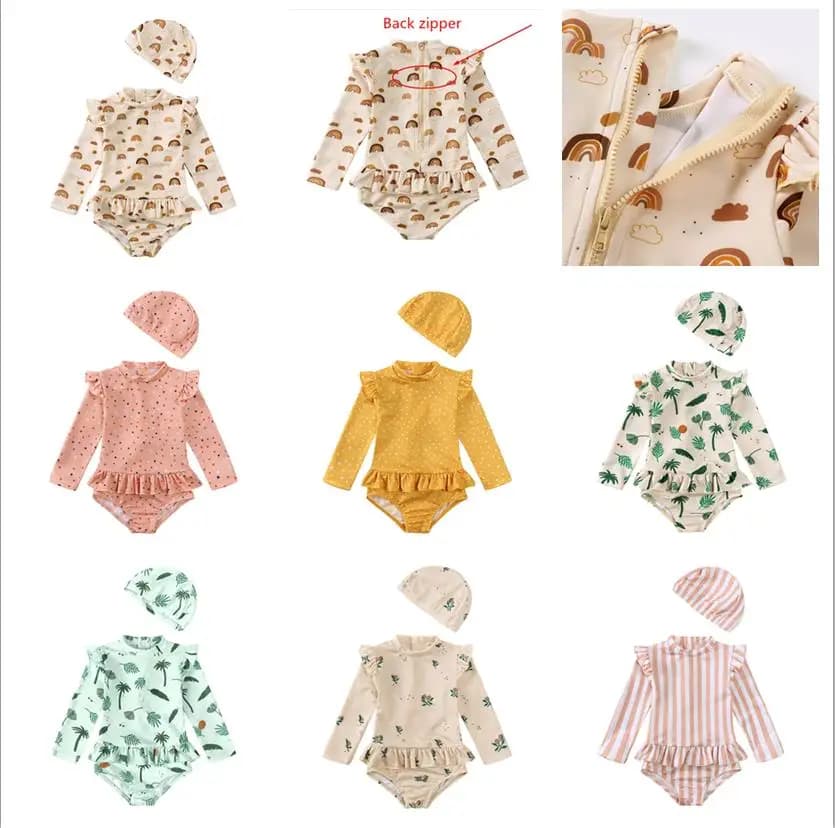 2025 Baby bathing suit with bath cap Rear Cerniera Beach Full bathing suit Print children's bikini Summer body