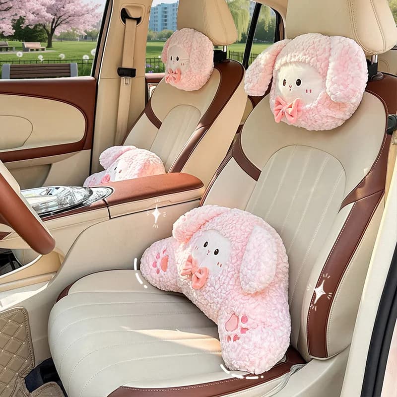 Simpatico coniglio peluche cuscino per il collo dell'auto cuscino per la vita cartone animato poggiatesta per auto supporto per il collo morbido e soffice cuscino lombare per veicolo per le donne
