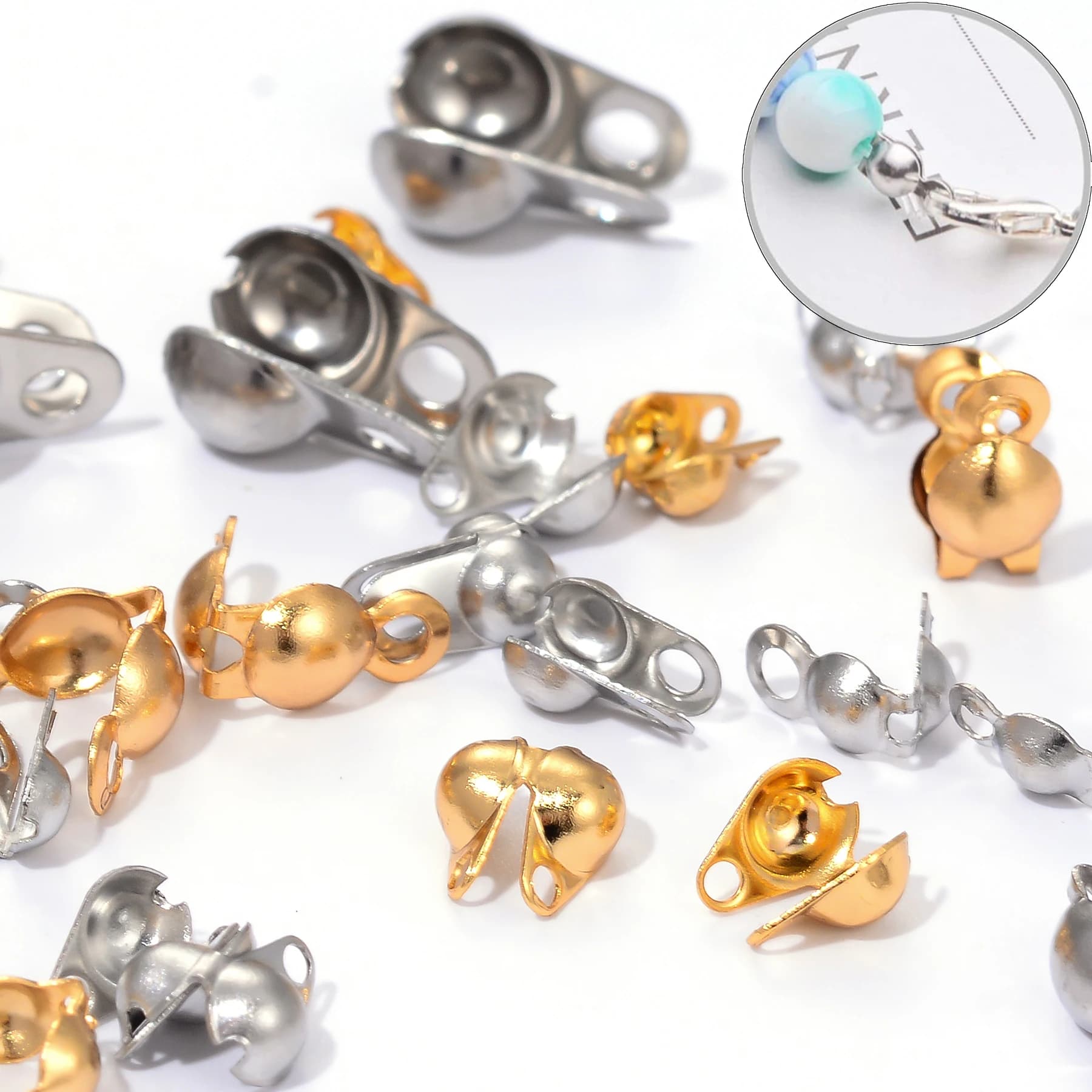 50pcs Stainless Steel Ball Chain Calotte End Crimp Beads Connectors Clasp for DIY Jewelry Making Bracelet Necklace Findings