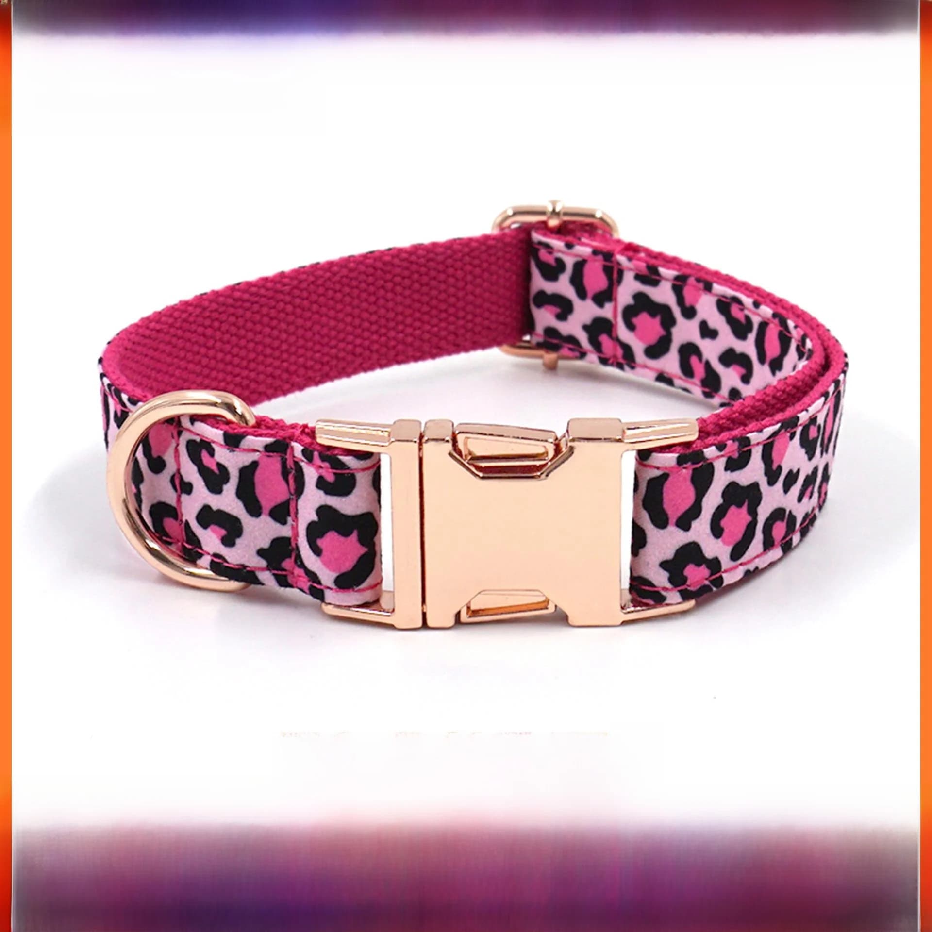 Mihua Nuovo Collare per Cani Personalizzabile in Poliestere Elasticizzato con Stampa Leopardata Rosa e Dettagli Blu Oro