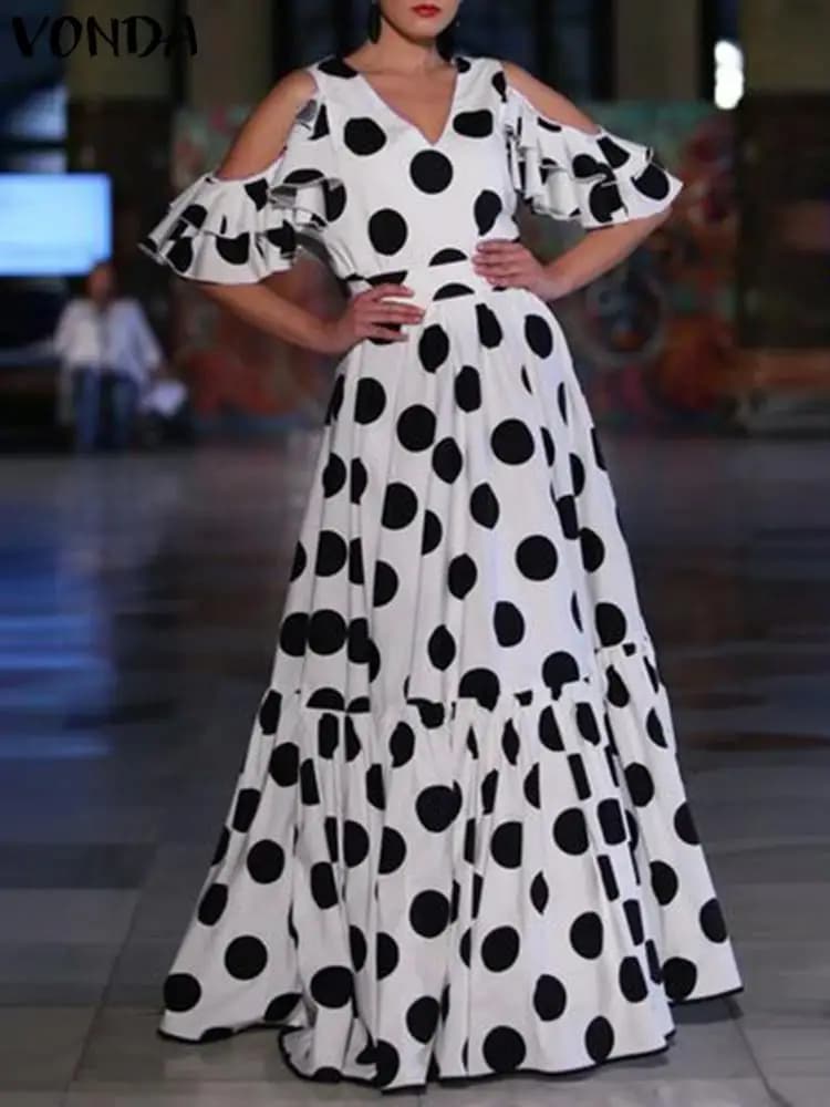 VONDA Women's Summer Party Dress Polka Dot Printed Cluttered Dress Summer 2024 Casual Bohemian Dress With V Neck Out Sleeve Short Maxi Robe